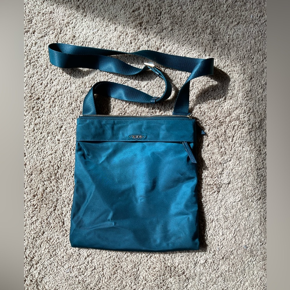TUMI Voyageur Crossbody Bag Teal Nylon, Gold Hardware, Lightweight Travel Purse